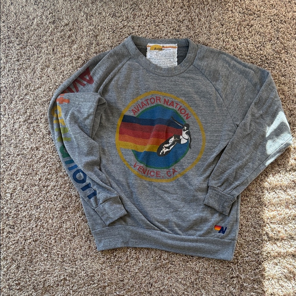 Aviator Nation Gray Crewneck with Rainbow Logo
